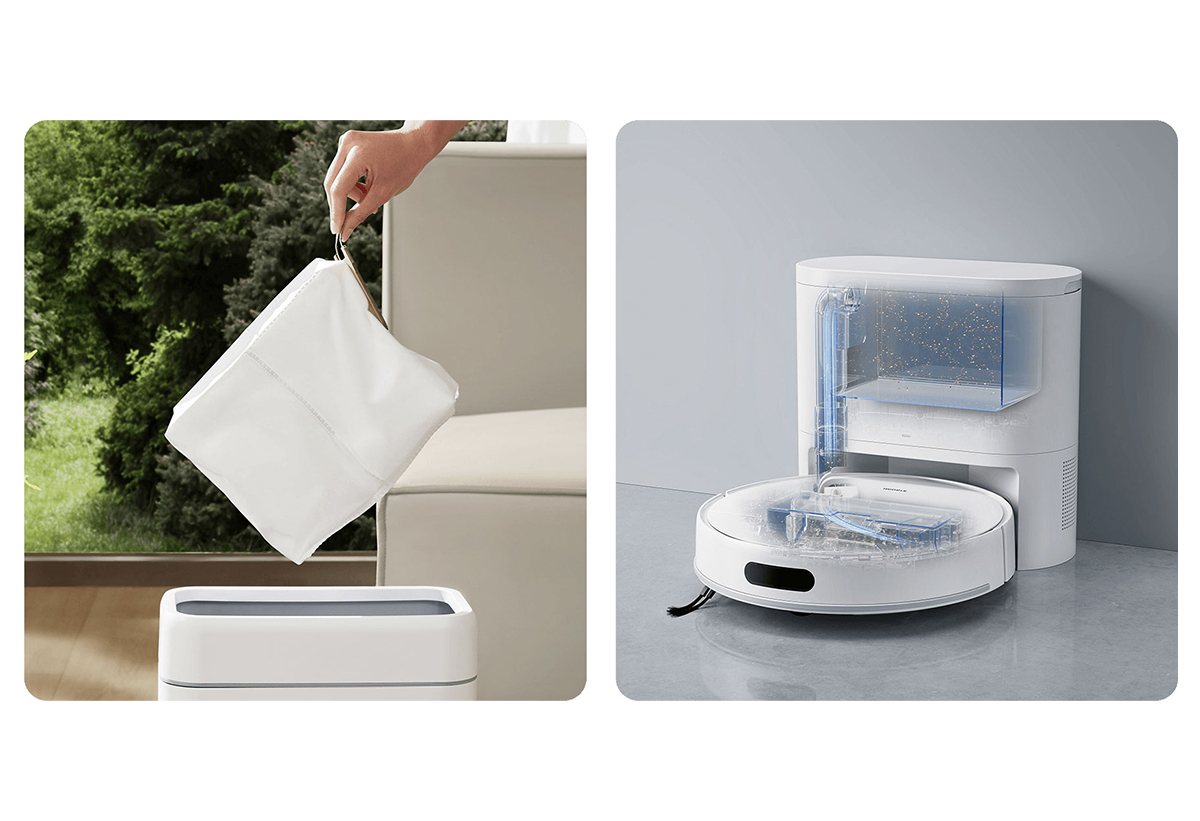 Απειονίζεται η σκούπα στον κάδο συλλογής και μια σακούλα να πετιέται σε κάδο απορριμάτων.